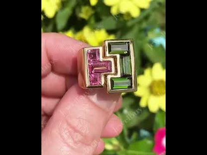 2.7Ctw Pink and Green Emerald Sapphire Architectural Style Ring-JEWELBUYS