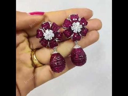 6.0Ctw Square Cut Ruby Flower Dangle Earrings-JEWELBUYS