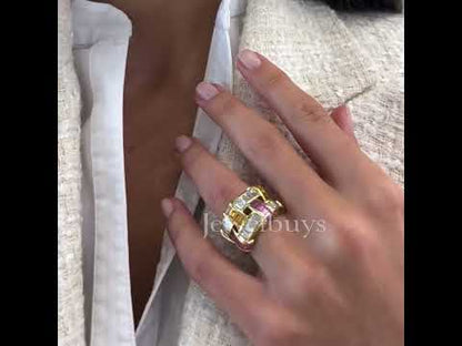 Eternal Art 2ct Emerald Cut Pink Sapphire Wide Band Two Tone Weave Ring in Gold-JEWELBUYS