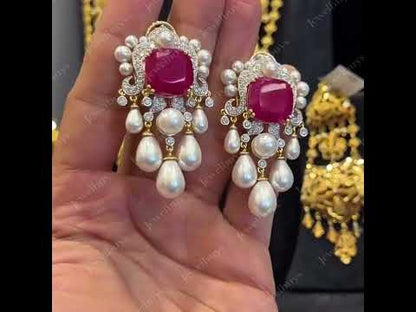 6.36Ctw cushion-cut ruby and pearl pendant earrings-JEWELBUYS