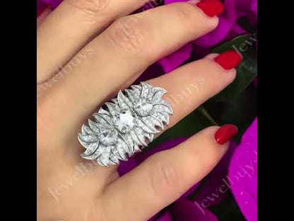 4.65Ctw Round White Sapphire Three-Stone Leaf Ring-JEWELBUYS