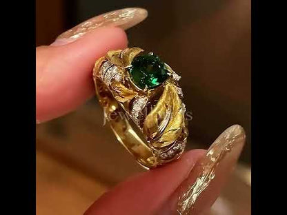 3.3CT Cushion Cut Emerald Vibrant Leaf Shape Engagement Ring-JEWELBUYS