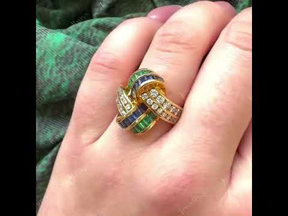 2.25Ctw Emerald and Round-Cut Multicolor Sapphire Ring-JEWELBUYS