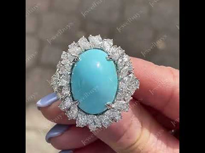 5.83Ctw Cabochon Blue Turquoise and White Sapphire Ring-JEWELBUYS