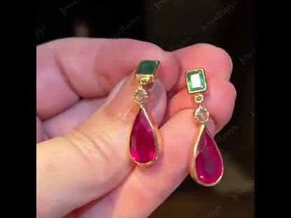 6.0ctw Various Cut Red and Emerald Two Tone Sapphire Drop Earrings - JEWELBUYS