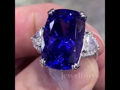 12ct Classic Cushion Cut Blue & White Sapphire Three Stones Women's Engagement Ring-JEWELBUYS